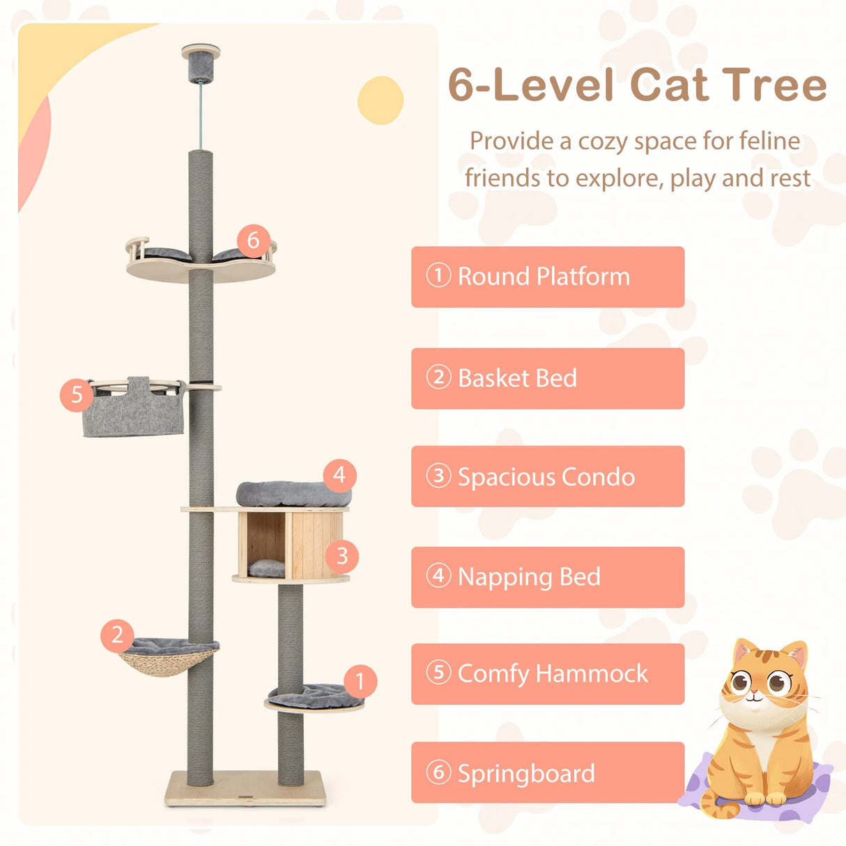 255-280cm Adjustable Height Floor-to-Ceiling Cat Tree with Cat Condo-Natural