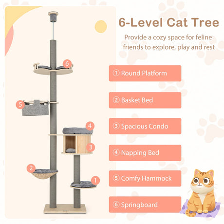 255-280cm Adjustable Height Floor-to-Ceiling Cat Tree with Cat Condo-Natural