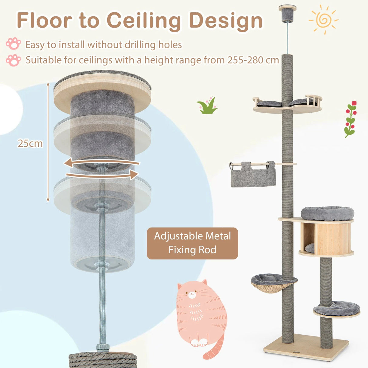 255-280cm Adjustable Height Floor-to-Ceiling Cat Tree with Cat Condo-Natural