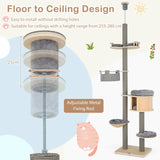 255-280cm Adjustable Height Floor-to-Ceiling Cat Tree with Cat Condo-Natural