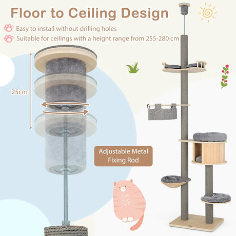 255-280cm Adjustable Height Floor-to-Ceiling Cat Tree with Cat Condo-Natural