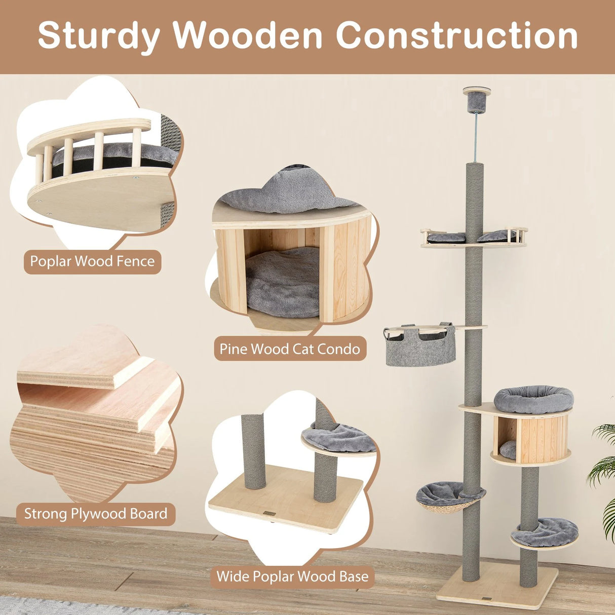 255-280cm Adjustable Height Floor-to-Ceiling Cat Tree with Cat Condo-Natural