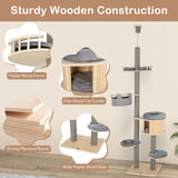 255-280cm Adjustable Height Floor-to-Ceiling Cat Tree with Cat Condo-Natural