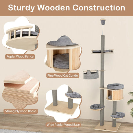 255-280cm Adjustable Height Floor-to-Ceiling Cat Tree with Cat Condo-Natural