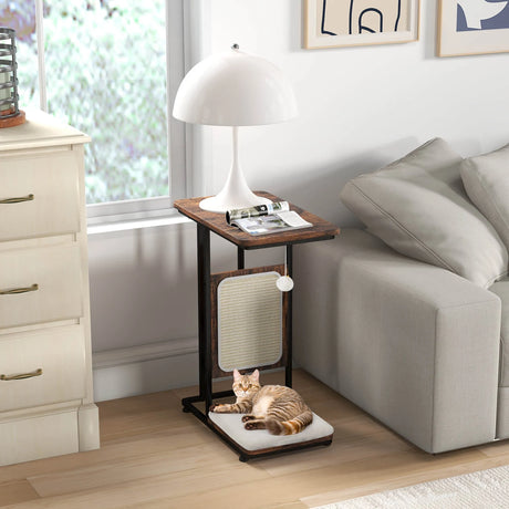 C- Shaped Cat Side Table Cat Tree with Scratching Board-Rustic Brown