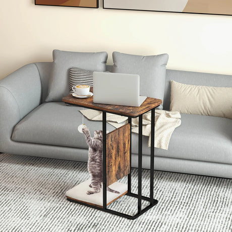 C- Shaped Cat Side Table Cat Tree with Scratching Board-Rustic Brown