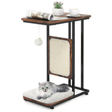C- Shaped Cat Side Table Cat Tree with Scratching Board-Rustic Brown
