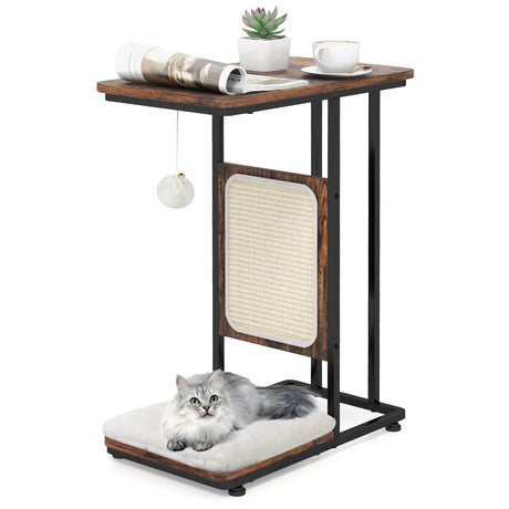 C- Shaped Cat Side Table Cat Tree with Scratching Board-Rustic Brown