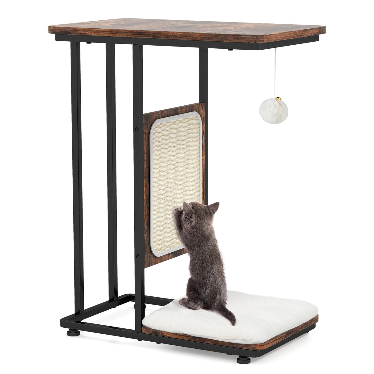 C- Shaped Cat Side Table Cat Tree with Scratching Board-Rustic Brown