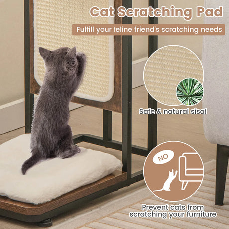 C- Shaped Cat Side Table Cat Tree with Scratching Board-Rustic Brown