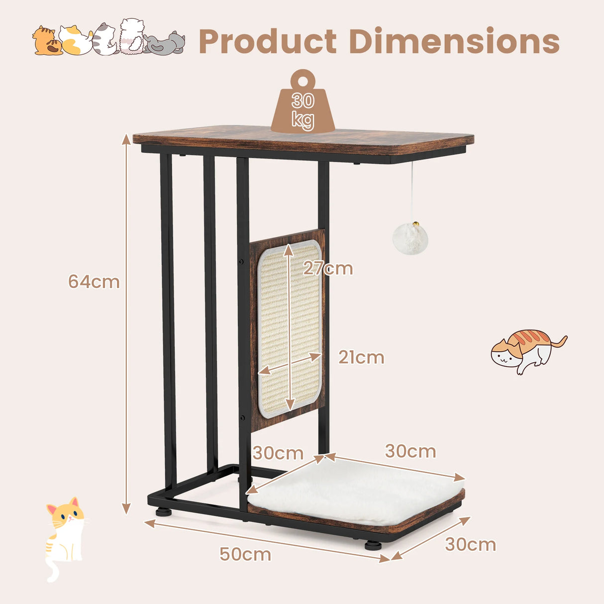 C- Shaped Cat Side Table Cat Tree with Scratching Board-Rustic Brown