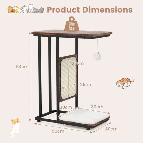 C- Shaped Cat Side Table Cat Tree with Scratching Board-Rustic Brown