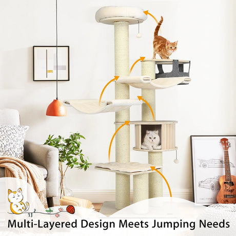 197 cm Multi-level Cat Tree Cat Tower for Play and Rest-Cream White