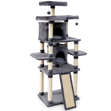 67 Inch Multi-Level Cat Tree with Cozy Perches Kittens Play House-Light Gray