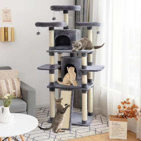 67 Inch Multi-Level Cat Tree with Cozy Perches Kittens Play House-Light Gray
