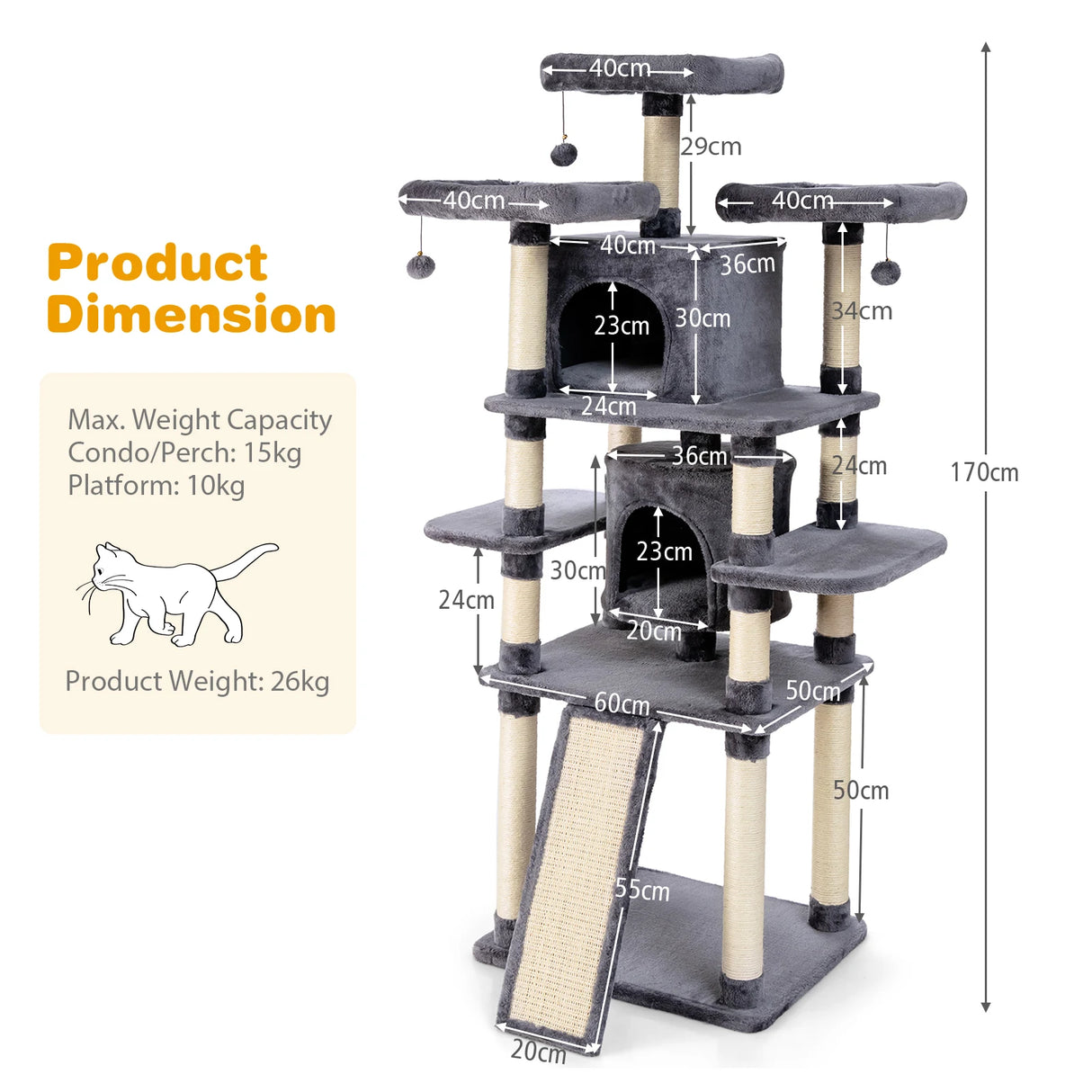 67 Inch Multi-Level Cat Tree with Cozy Perches Kittens Play House-Light Gray