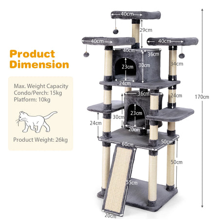 67 Inch Multi-Level Cat Tree with Cozy Perches Kittens Play House-Light Gray