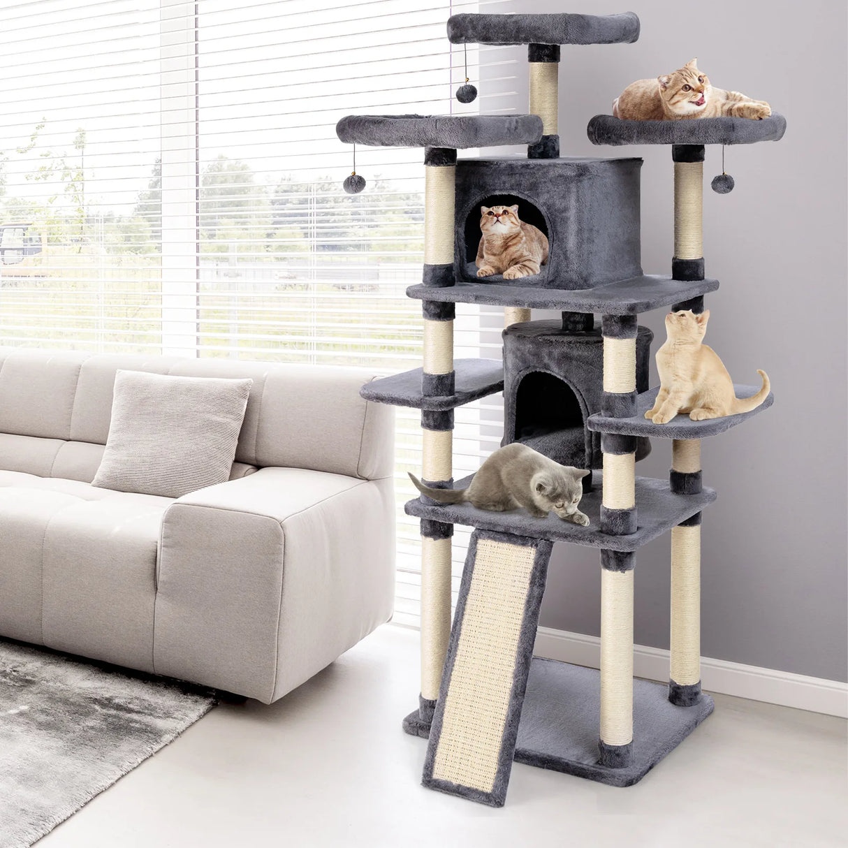 67 Inch Multi-Level Cat Tree with Cozy Perches Kittens Play House-Light Gray