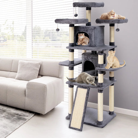 67 Inch Multi-Level Cat Tree with Cozy Perches Kittens Play House-Light Gray