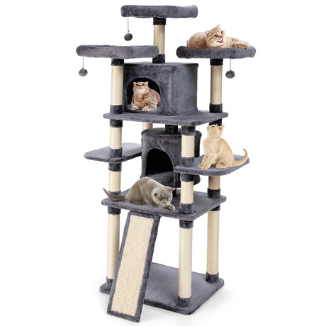 67 Inch Multi-Level Cat Tree with Cozy Perches Kittens Play House-Light Gray
