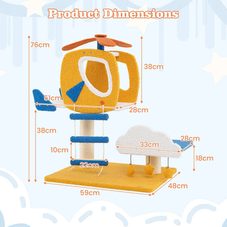 Indoor Small Aviation-themed Cat Tree Cat Tower with Helicopter Top Perch-Yellow