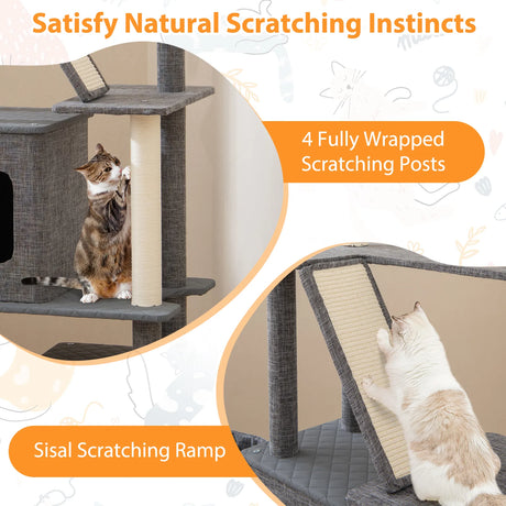 180CM Tall Cat Tree Multi-Level Large Cat Tower with Scratching Posts-Grey