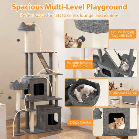 180CM Tall Cat Tree Multi-Level Large Cat Tower with Scratching Posts-Grey