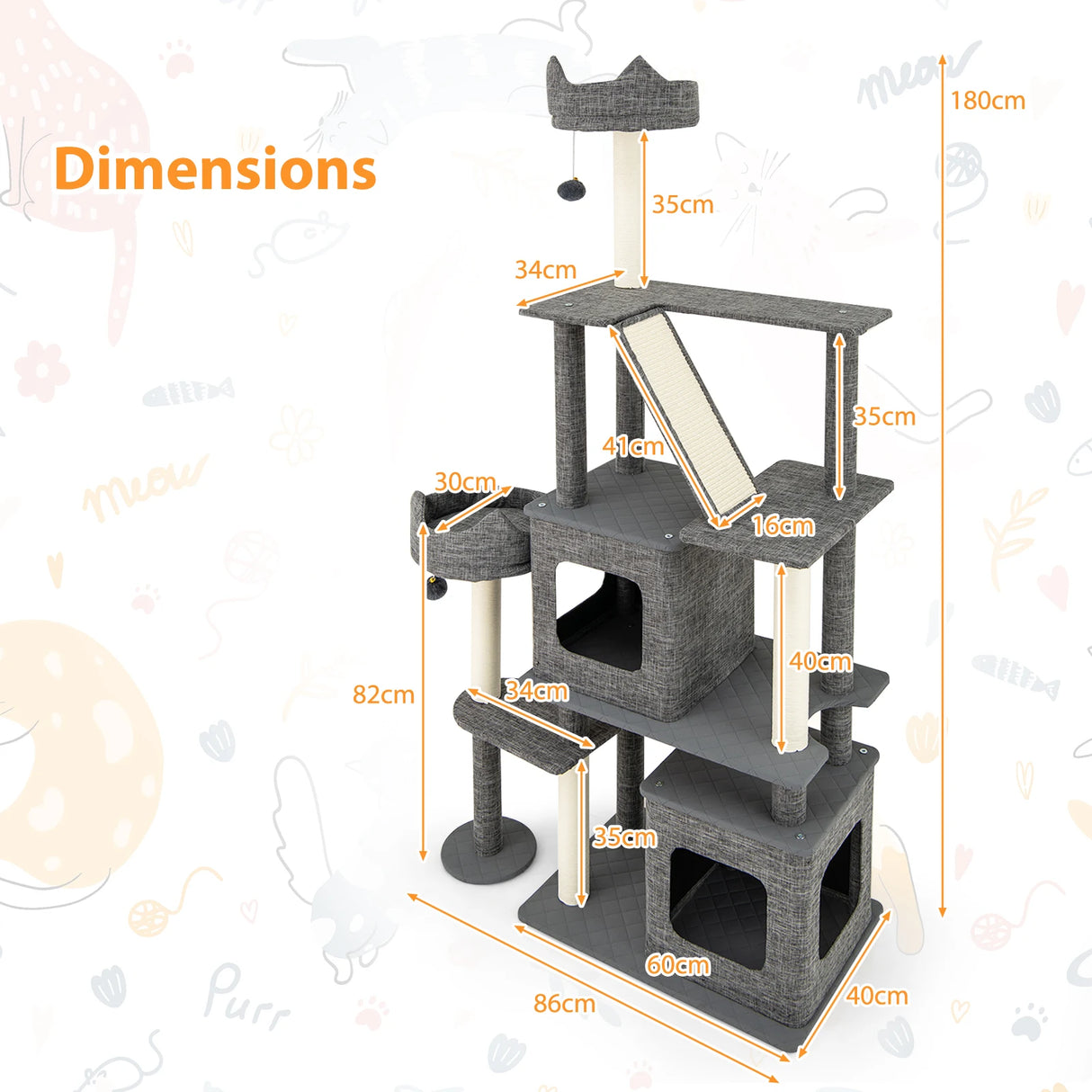 180CM Tall Cat Tree Multi-Level Large Cat Tower with Scratching Posts-Grey