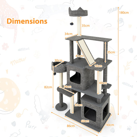 180CM Tall Cat Tree Multi-Level Large Cat Tower with Scratching Posts-Grey
