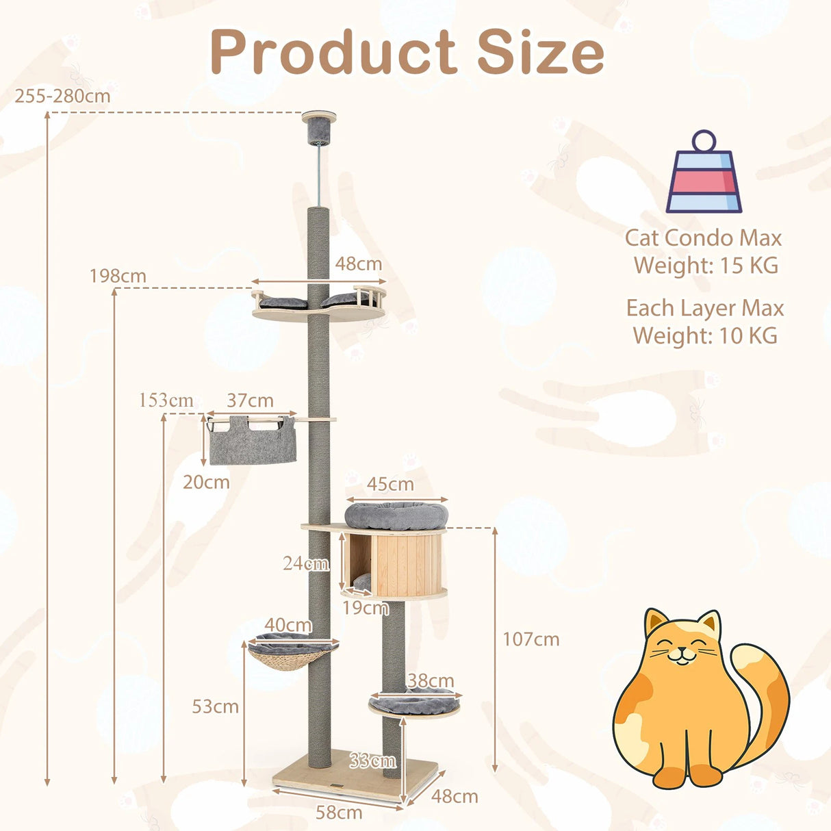 255-280cm Adjustable Height Floor-to-Ceiling Cat Tree with Cat Condo-Natural