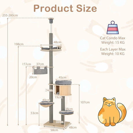 255-280cm Adjustable Height Floor-to-Ceiling Cat Tree with Cat Condo-Natural