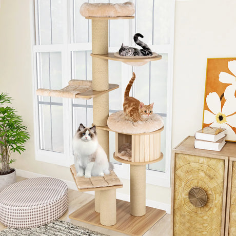 Multi-level Cat Tree with Plush Perch, Padded Platform, Basket Bed