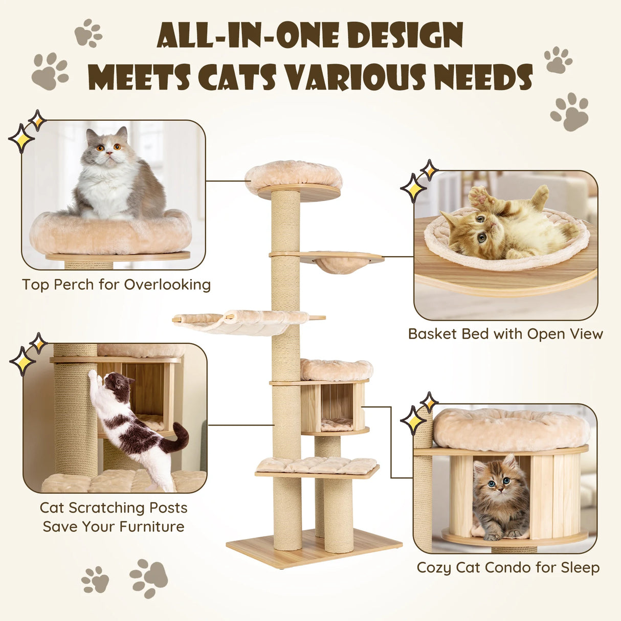 Multi-level Cat Tree with Plush Perch, Padded Platform, Basket Bed
