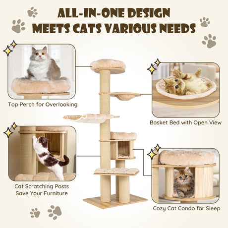Multi-level Cat Tree with Plush Perch, Padded Platform, Basket Bed