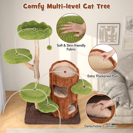 Multi-level Cat Tree Tree Hole Designed Cat Tower with Double Decker Cat House-Brown