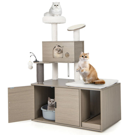 2-in-1 Modern Cat Tower with Litter Box Enclosure for Indoor Cars-Gray