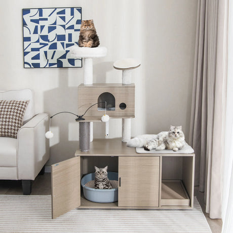 2-in-1 Modern Cat Tower with Litter Box Enclosure for Indoor Cars-Gray