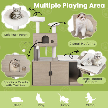 2-in-1 Modern Cat Tower with Litter Box Enclosure for Indoor Cars-Gray
