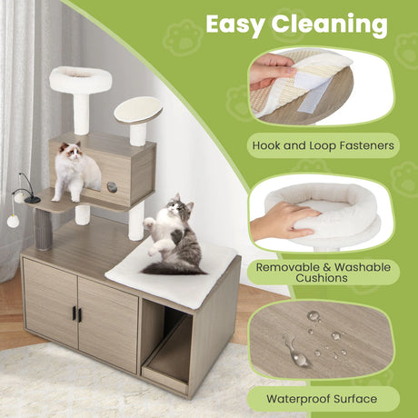 2-in-1 Modern Cat Tower with Litter Box Enclosure for Indoor Cars-Gray