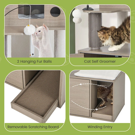 2-in-1 Modern Cat Tower with Litter Box Enclosure for Indoor Cars-Gray