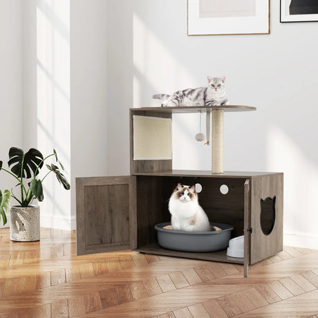 88 cm Tall Wooden Cat Tower with Sisal Scratching Post and Mat Dangling Ball and Top Perch-Grey