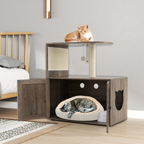 88 cm Tall Wooden Cat Tower with Sisal Scratching Post and Mat Dangling Ball and Top Perch-Grey