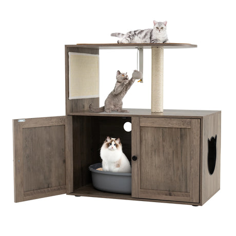 88 cm Tall Wooden Cat Tower with Sisal Scratching Post and Mat Dangling Ball and Top Perch-Grey