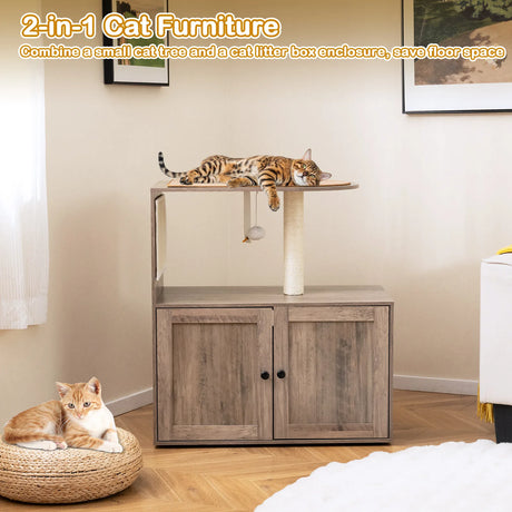 88 cm Tall Wooden Cat Tower with Sisal Scratching Post and Mat Dangling Ball and Top Perch-Grey