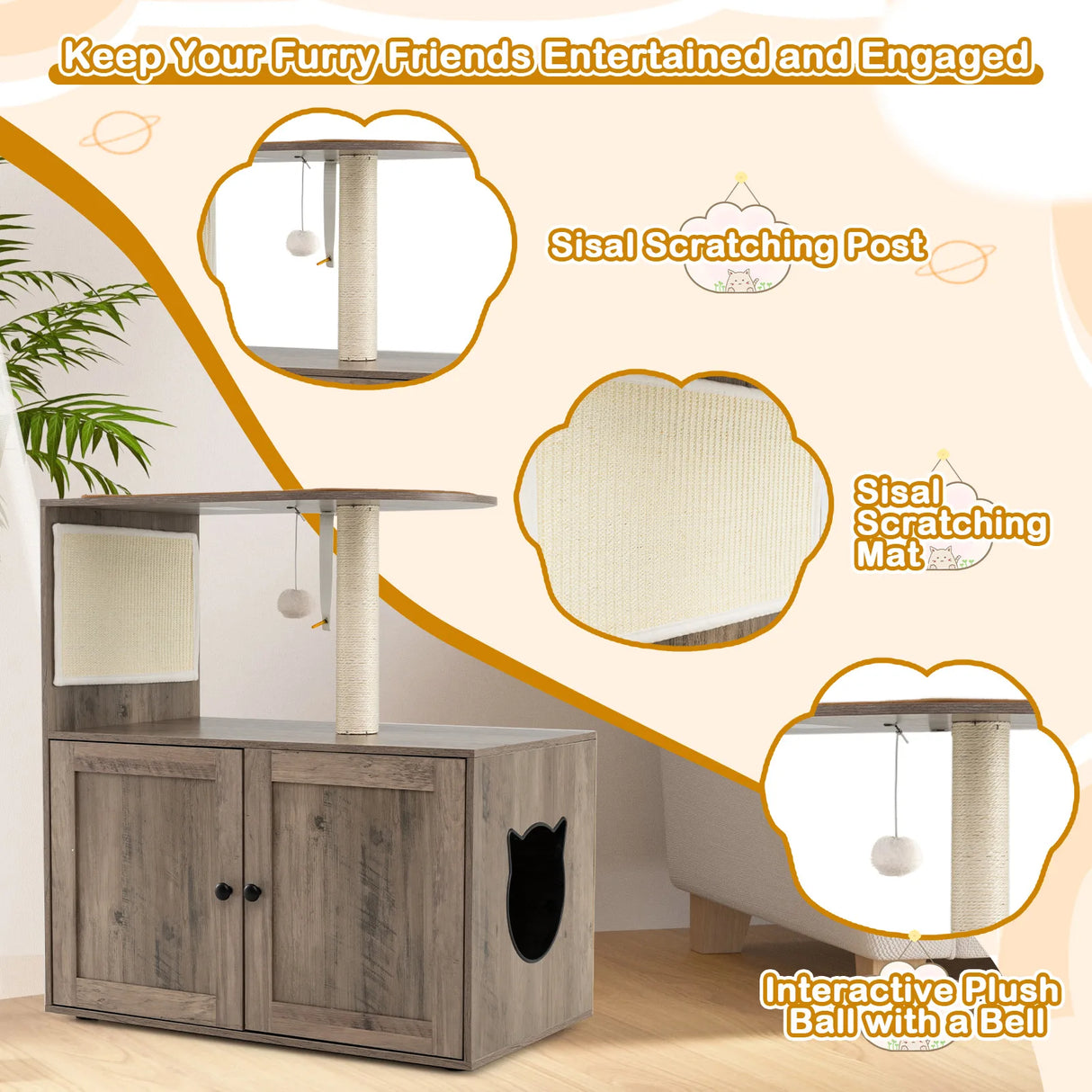88 cm Tall Wooden Cat Tower with Sisal Scratching Post and Mat Dangling Ball and Top Perch-Grey