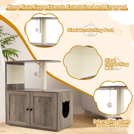 88 cm Tall Wooden Cat Tower with Sisal Scratching Post and Mat Dangling Ball and Top Perch-Grey