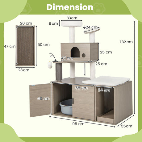 2-in-1 Modern Cat Tower with Litter Box Enclosure for Indoor Cars-Gray