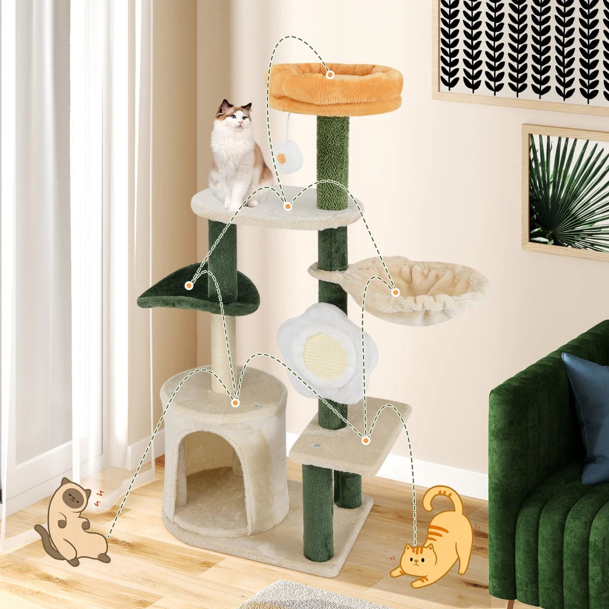 Cute Flower Cat Tree Modern Kitty Tower with Plush Top Perch-Multicolor