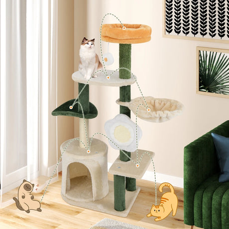 Cute Flower Cat Tree Modern Kitty Tower with Plush Top Perch-Multicolor
