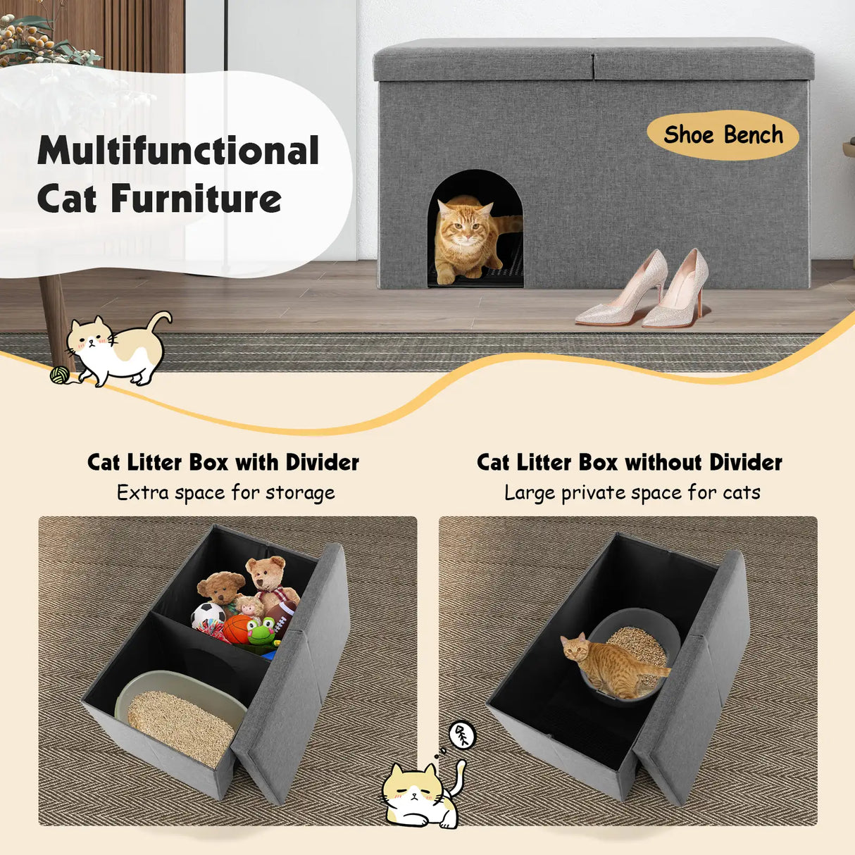 Cat Litter Box Enclosure Hidden Furniture with Urine Proof Litter Mat-Gray